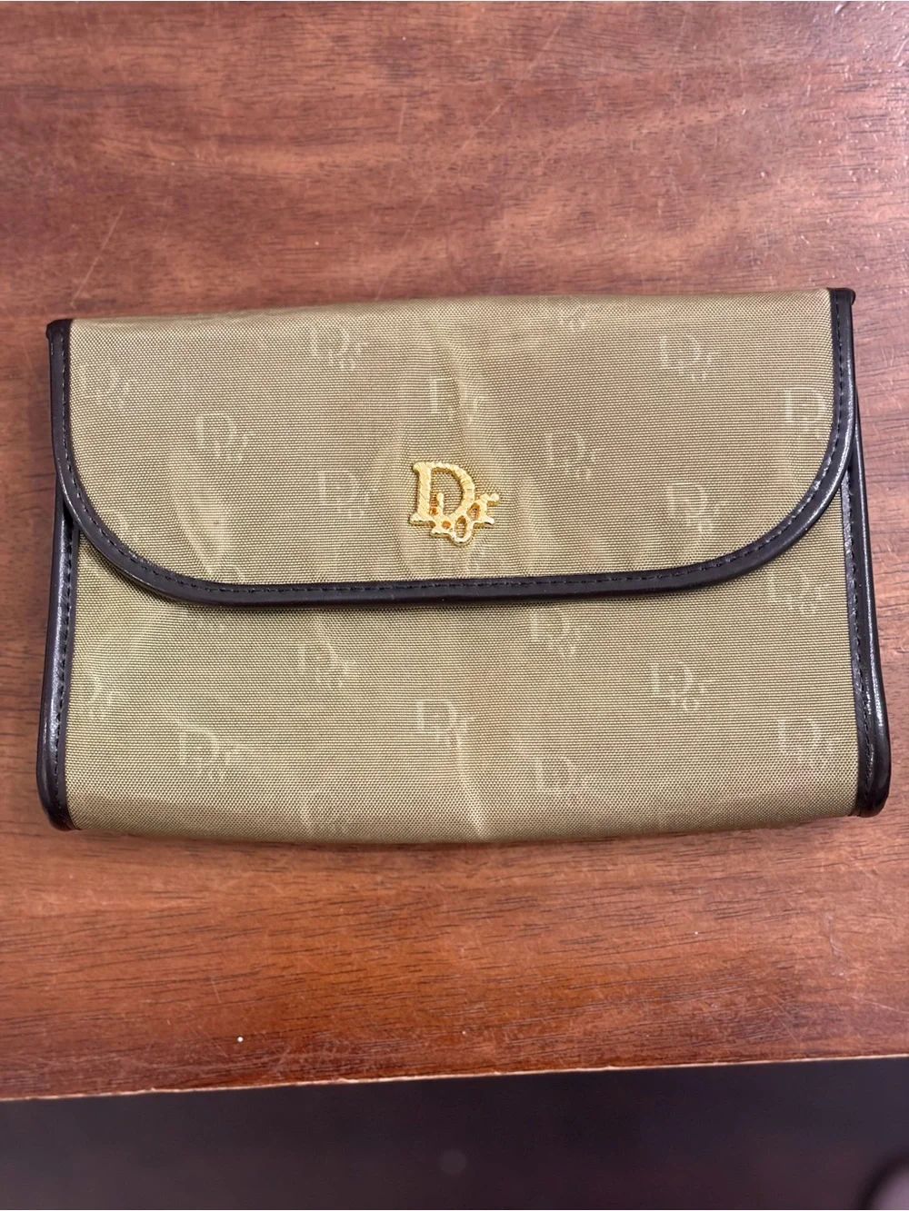 Dior Olive Green Canvas Clutch with Brown Trim